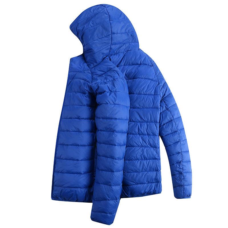 Royal blue hooded down puffer jacket, quilted panels, zip front
