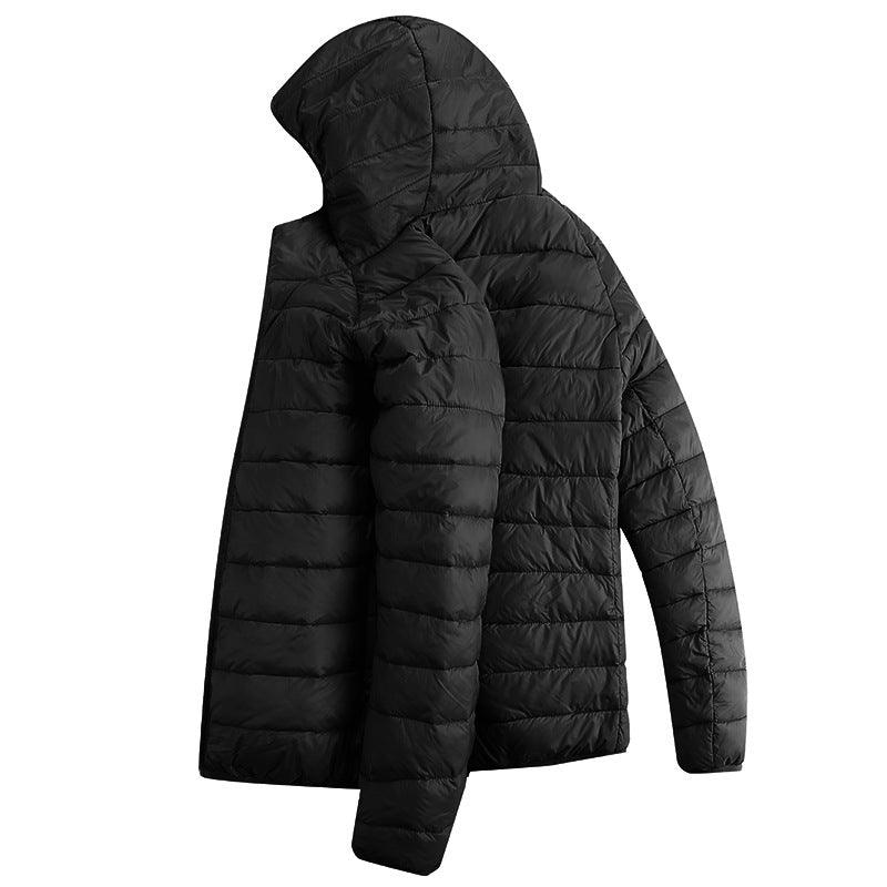 Black hooded down puffer jacket, quilted insulation, zip front