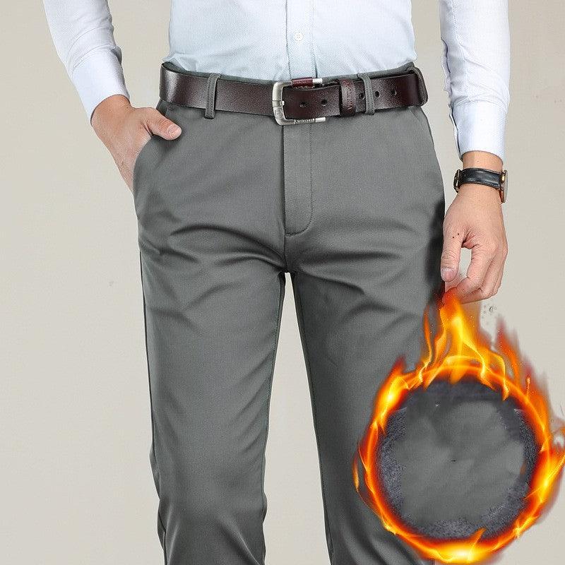 Men's straight loose trousers, dark gray with side pockets and belt loops.