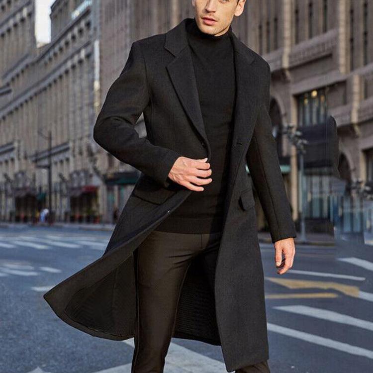 Men's long trench coat, black, single-breasted with lapels and long flared hem