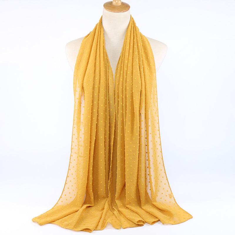 Chiffon folk ball scarf in mustard yellow with small dotted pattern, long drape