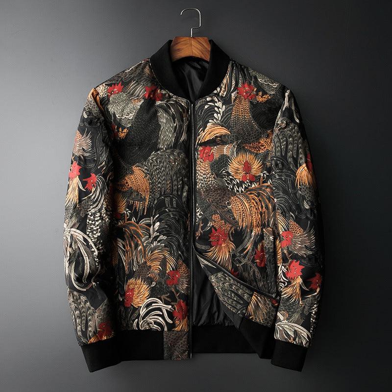 Men's printed down jacket with black stand collar, full-zip, rooster pattern in red and gold