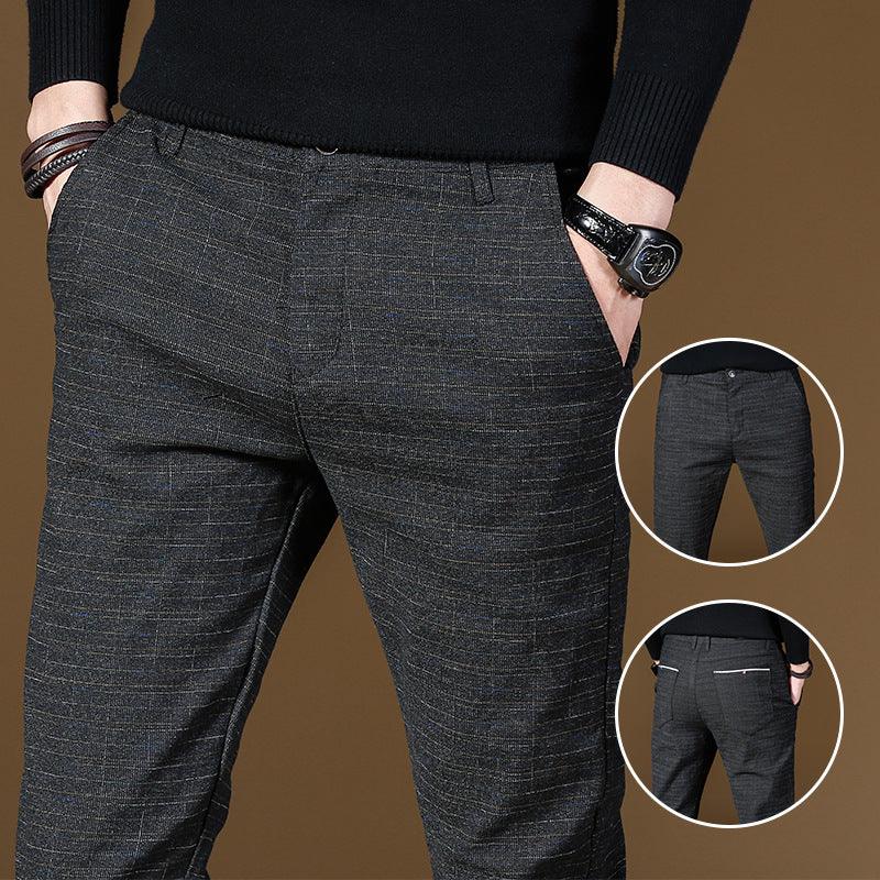 Men's dark grey dress pants with zip fly, side pockets, slim straight leg