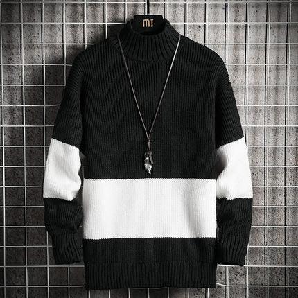 Color-block knit sweater with high neck, long sleeves, black and white horizontal band