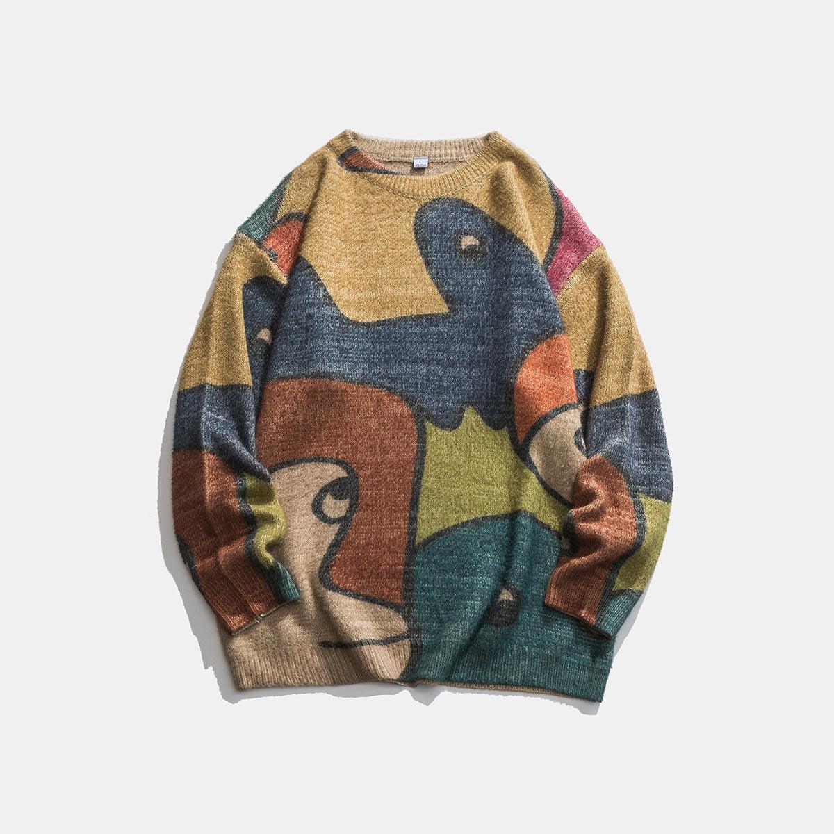 Men's crewneck pullover sweater in khaki with colorful animal graphic, long sleeves