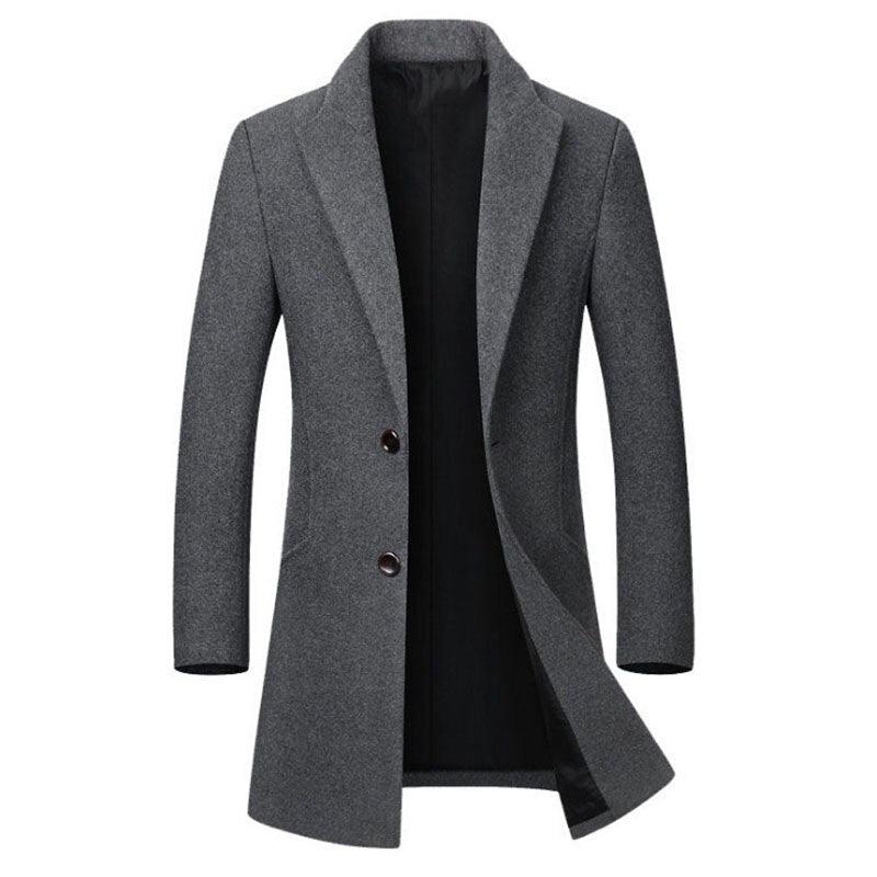 Men's long wool trench coat in dark gray, notched lapels, button front, quilted lining