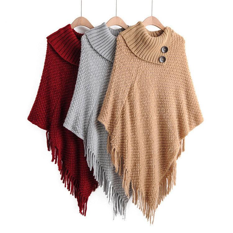 Tassel cloak sweater set with lapel; red, grey, and beige ponchos with fringe hem