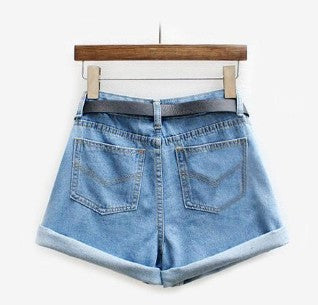 Mid Waist Denim Blue Shorts - WOMONA.COM