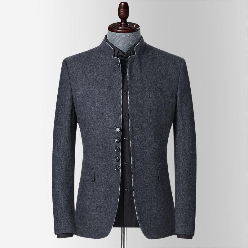 Men's dark grey stand-up collar casual suit jacket with button front