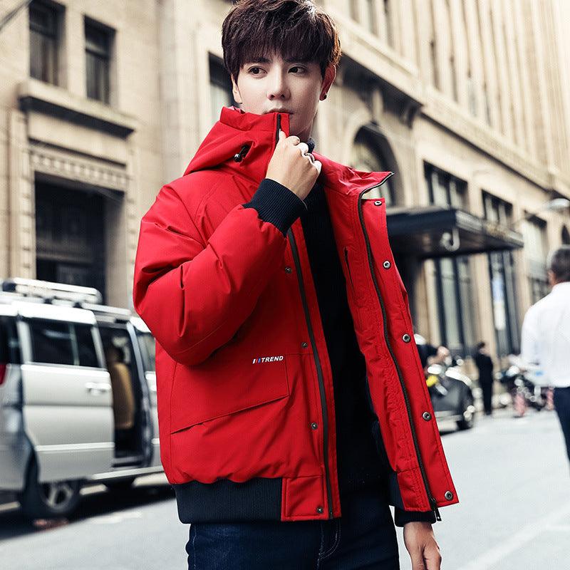 Red hooded oversized cotton coat with button front and side pockets