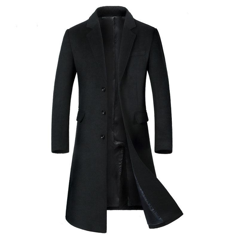Men's wool jacket, black, notched lapels, button front, flap pockets and draped lining