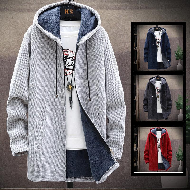 Light gray plush men’s zip-up hoodie sweater with drawstring hood and side pockets.