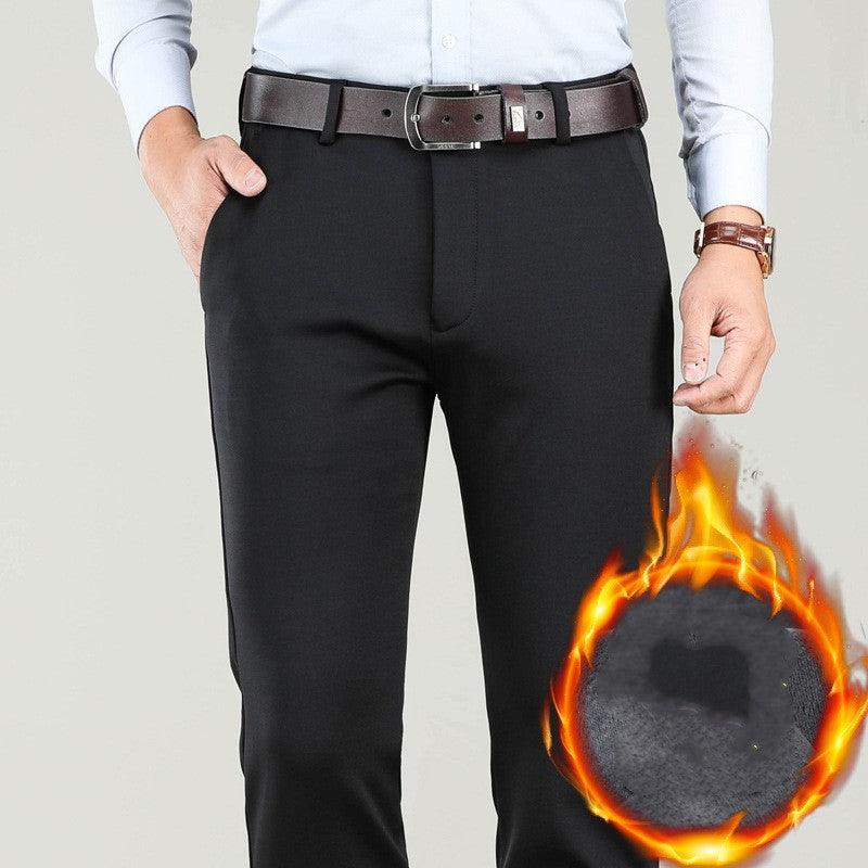 Men's straight loose trousers, black with zip fly and welt pockets.