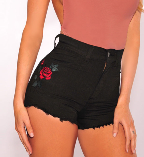 Rose Flower Embroidery Women Denim Shorts Jeans - WOMONA.COM