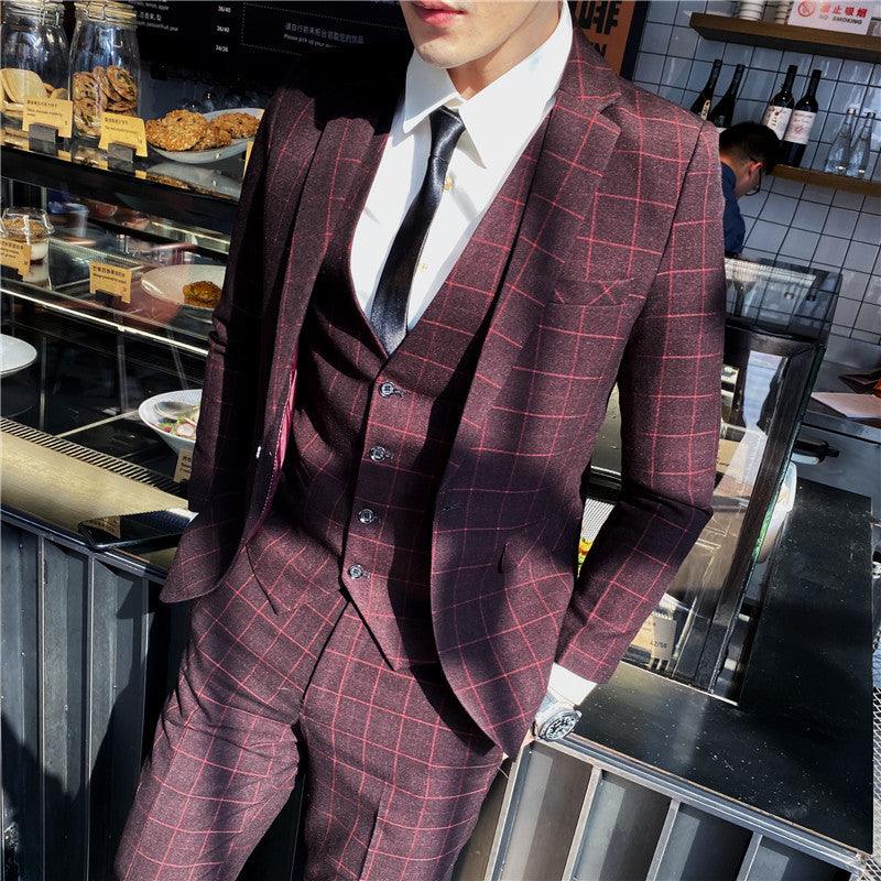 Burgundy plaid casual blazer with notch lapels and buttoned front