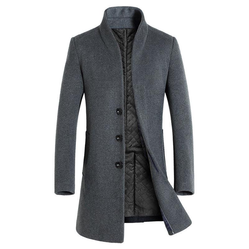 Men's wool trench coat, heather grey, notched lapel, front button closure, quilted lining