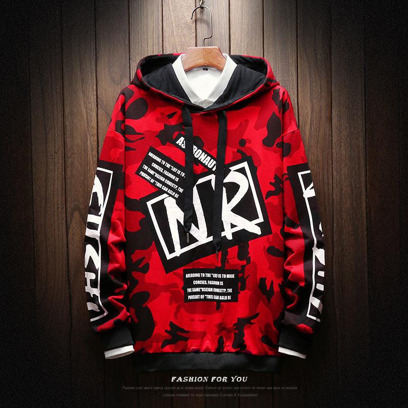 Red camouflage long-sleeve hoodie sweater with black hood and graphic front print