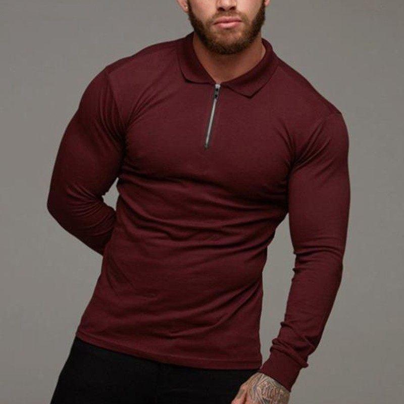 Men's long-sleeve polo shirt, wine red, zip placket with stand collar