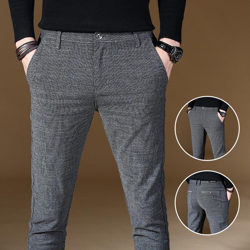 Men's grey dress trousers, button waistband, side pockets, straight slim cut