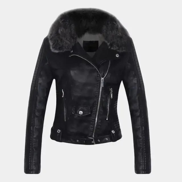 Black faux leather jacket with faux fur collar, front zip, snap belt, side zippers