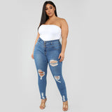 High waist ripped large size fat jeans - WOMONA.COM