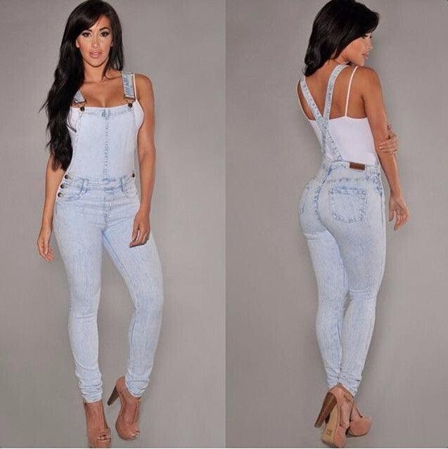 Light blue ripped denim overalls with white straps, front view and fitted legs