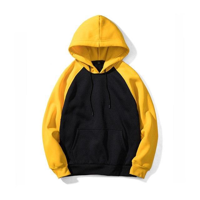 Yellow-and-black hooded sweatshirt with front kangaroo pocket and drawstring cords.