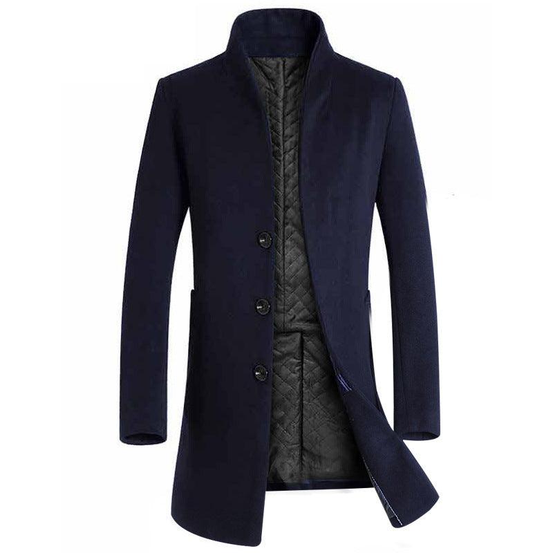 Men's wool trench coat, dark navy, notched lapel, front button closure, quilted lining