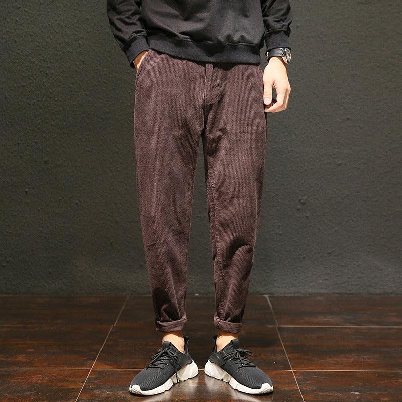 Men's cropped trousers in wine red, relaxed straight legs, cuffed hem, side pockets
