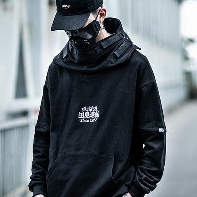 High-collar hooded sweatshirt, black, front kangaroo pocket and drawstring hood.