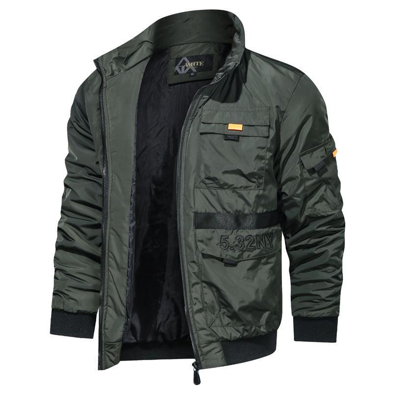 Army green stand-up collar jacket with front zipper and multiple chest pockets, dark lining.
