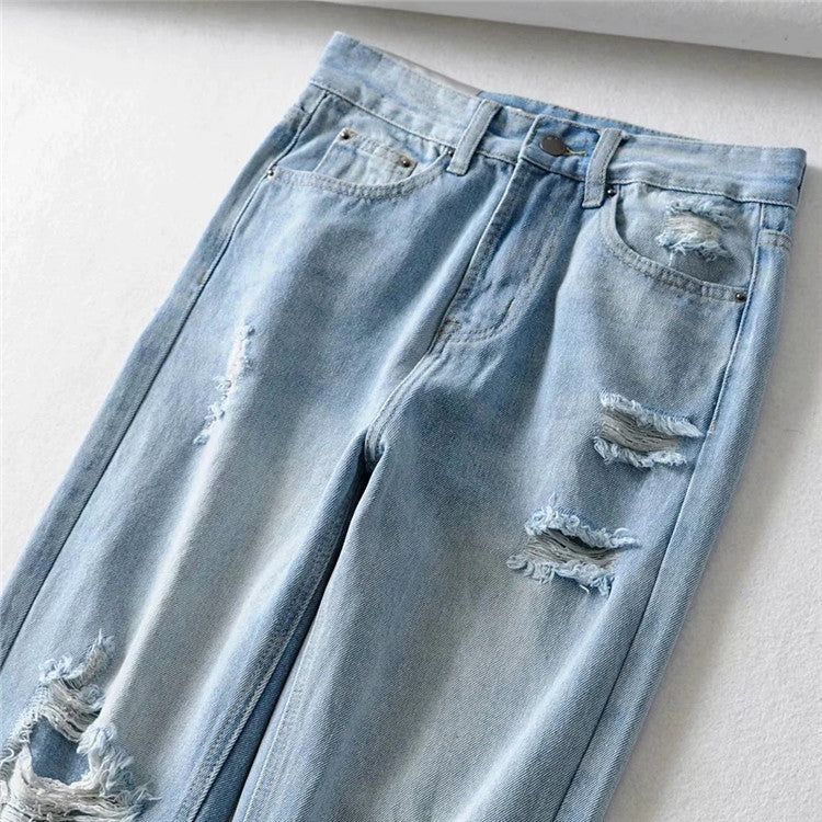 Light Blue denim Ripped Straight Leg Pants Women - WOMONA.COM