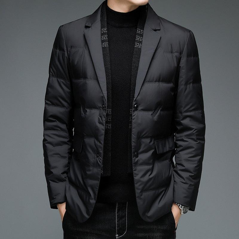Men’s black padded down-style blazer jacket with notch lapels and button front