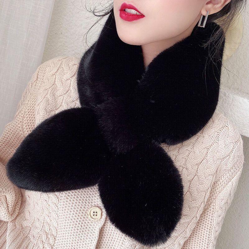 Black plush fur rabbit-style scarf collar with rounded looped ends
