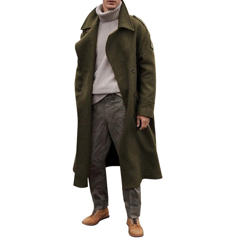 Men's long army green trench coat with button front and flap pockets