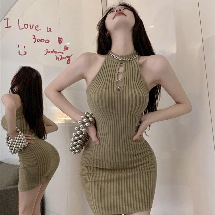Hollow Sleeveless Knitted Waist Dress - WOMONA.COM