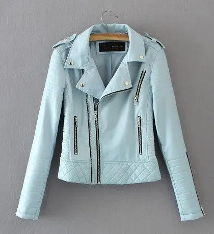 Light blue quilted leather jacket with stand collar, zip front and zip pockets