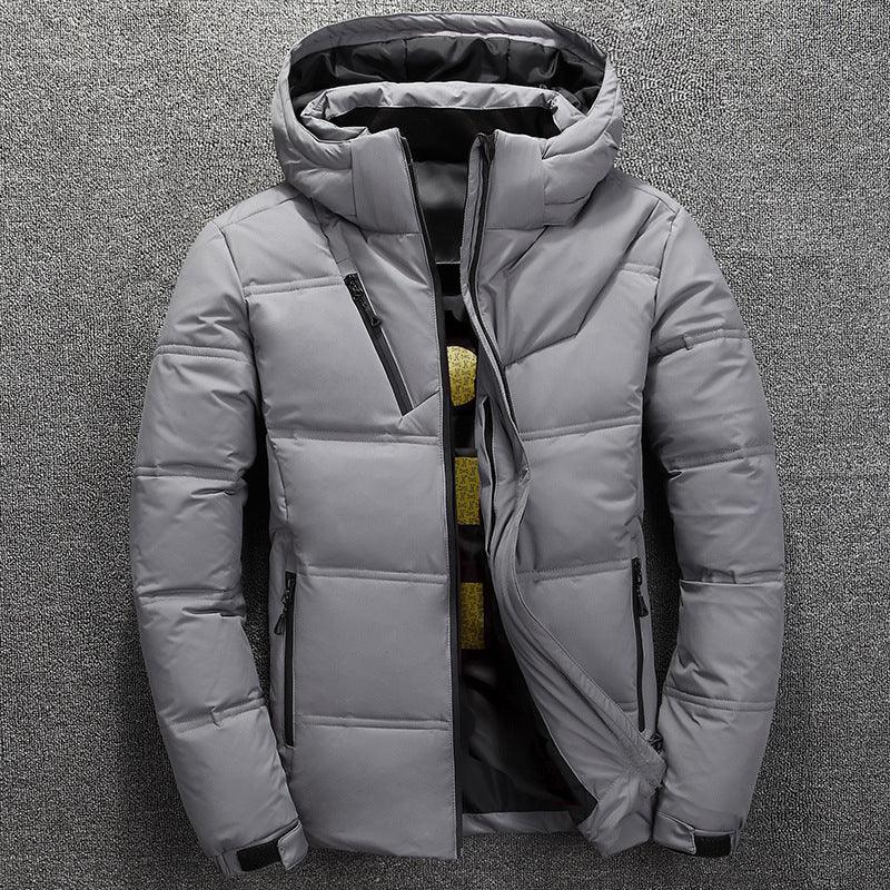 Men's light gray puffer down jacket with hood, zip front, and two side pockets.