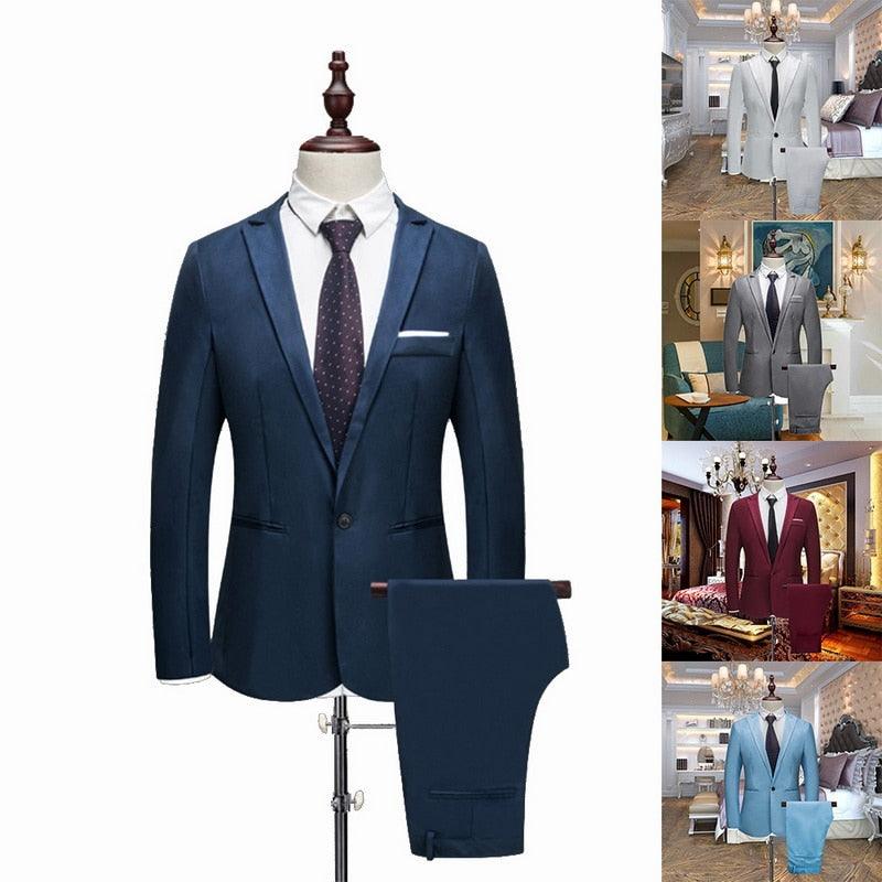 Navy single-breasted blazer jacket with matching trousers on a mannequin