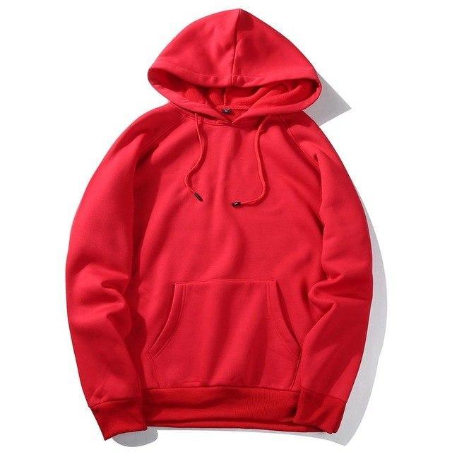 Red hoodie with pullover hood and front kangaroo pocket, drawstring cords.