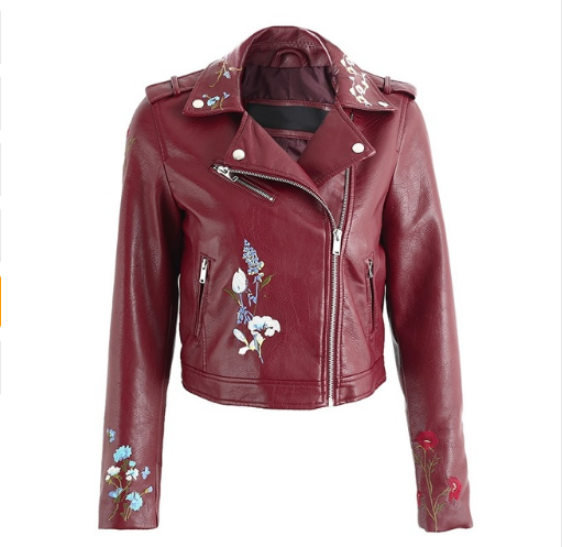 leather zipper lapel  jacket - WOMONA.COM