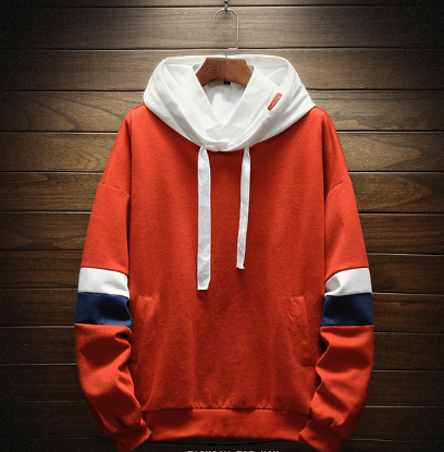 Orange hooded sweatshirt with white hood, navy sleeve accents, and front pouch.