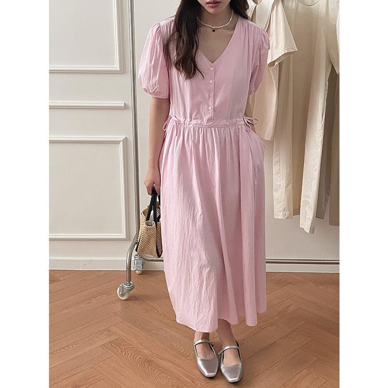 Simple Solid Color V-Neck Skirt - WOMONA.COM