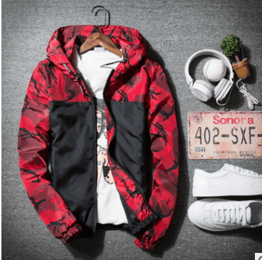 Men's windbreaker jacket in red and black camouflage, full zip hood and long sleeves