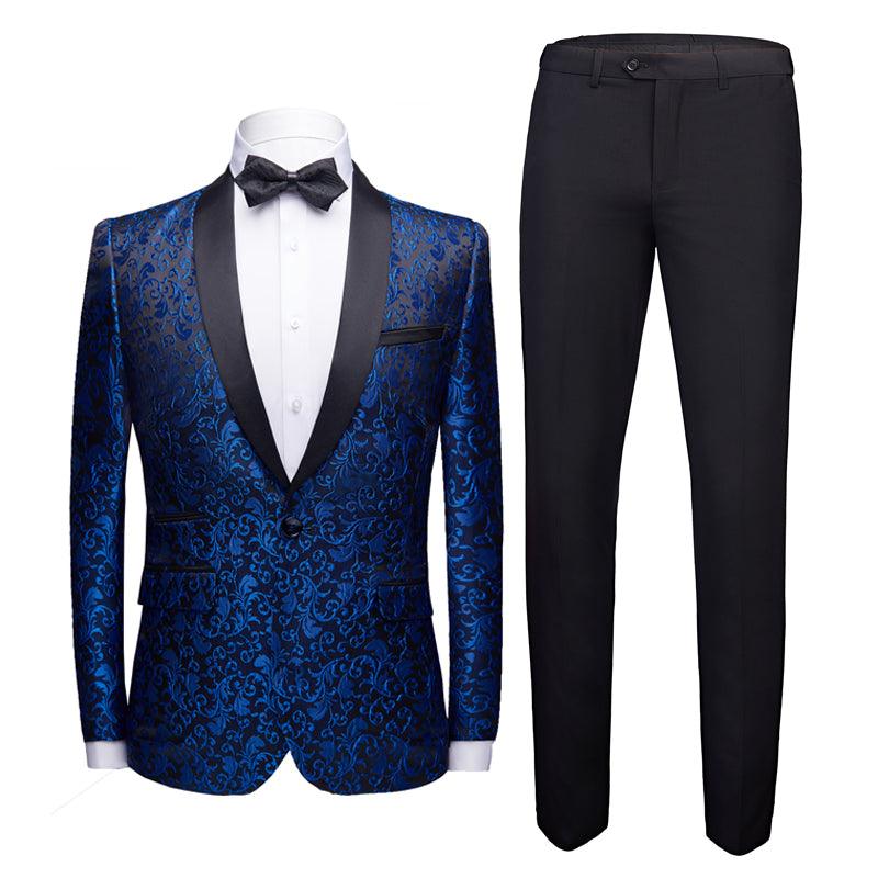 Men's blue patterned suit jacket and black dress trousers, with black bow tie