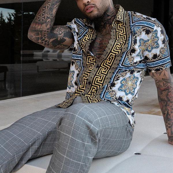 Men's short-sleeve retro shirt with blue, gold, and black ornate panel print