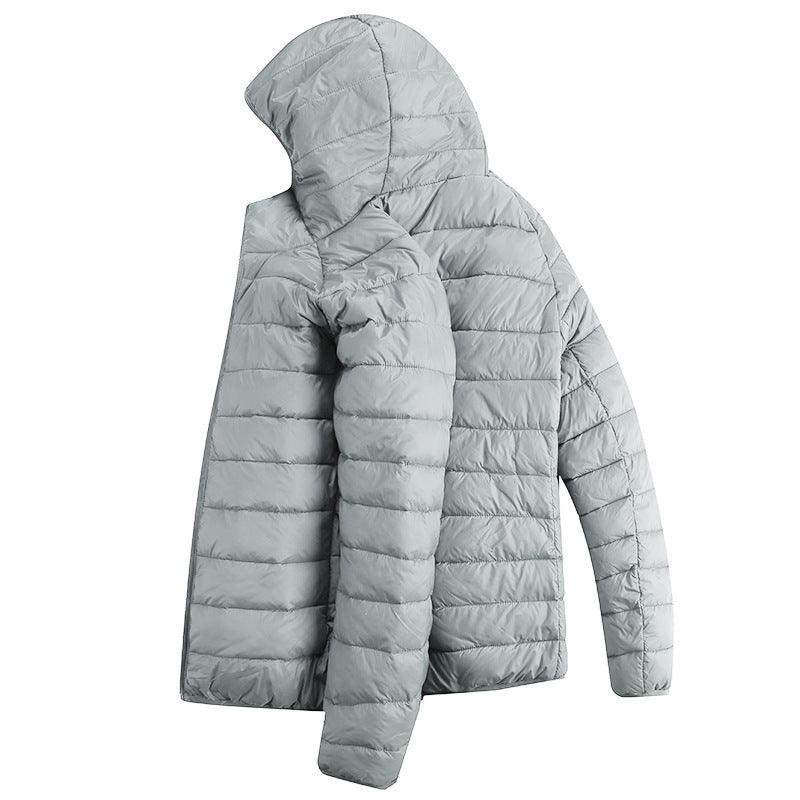 Light gray hooded down puffer jacket, quilted insulation, zip front