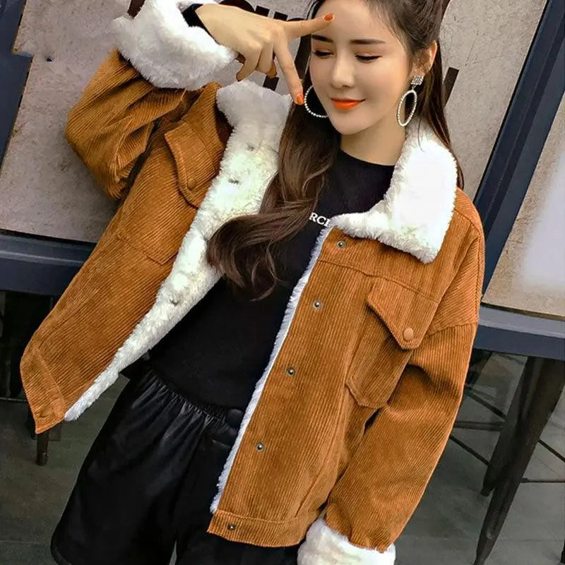 Camel tan corduroy padded jacket with white sherpa trim and snap front pockets