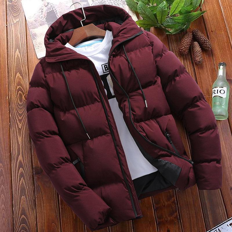 Men's wine red hooded padded winter coat with full zip and two front pockets