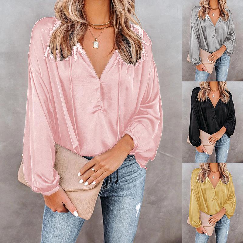 Long-Sleeved V-Neck Casual Top - WOMONA.COM